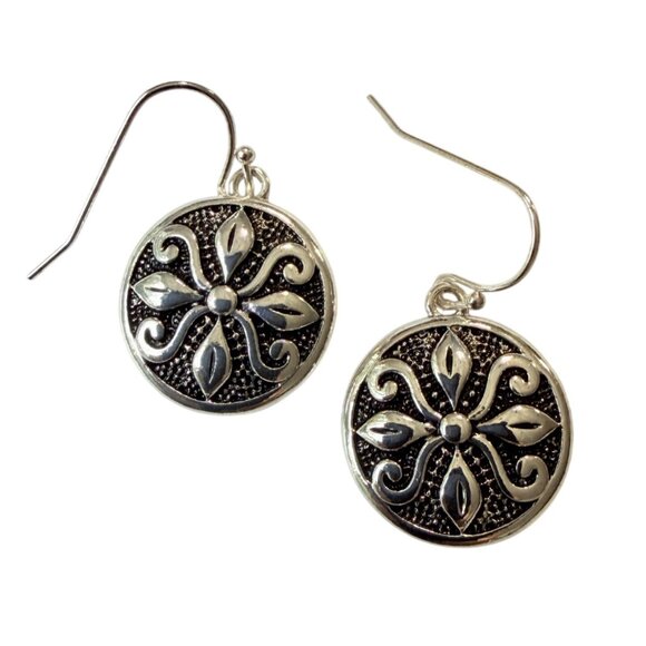 Y2K Vintage Bali Silver Tone Round Filigree Dangle Earrings 1-1/8" Nickel Free - Picture 2 of 5